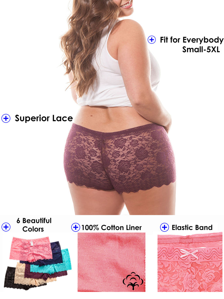 B2BODY Womens Panties Lace Boy Shorts Underwear Small to Plus Size  Multi-Pack