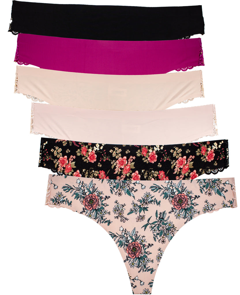 Low Rise All-Over Pink Floral Lace With Bow & Black Trim Thong - Knickers